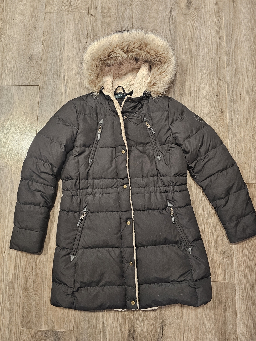 Ralph Lauren Black Quilted Puffer Coat with Faux Fur Hood